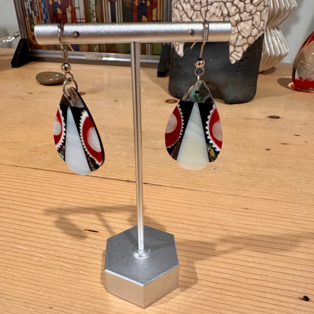 Shell & Abalone Teardrop Earrings Puerto Rico Women Red Black White